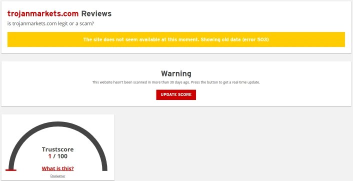 screenshot from scam adviser website about trojanmarkets.com